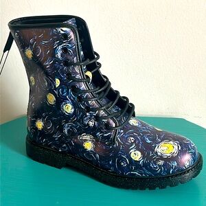 New Starry Night Inspired Print Lace-Up Vegan Leather Combat Boots